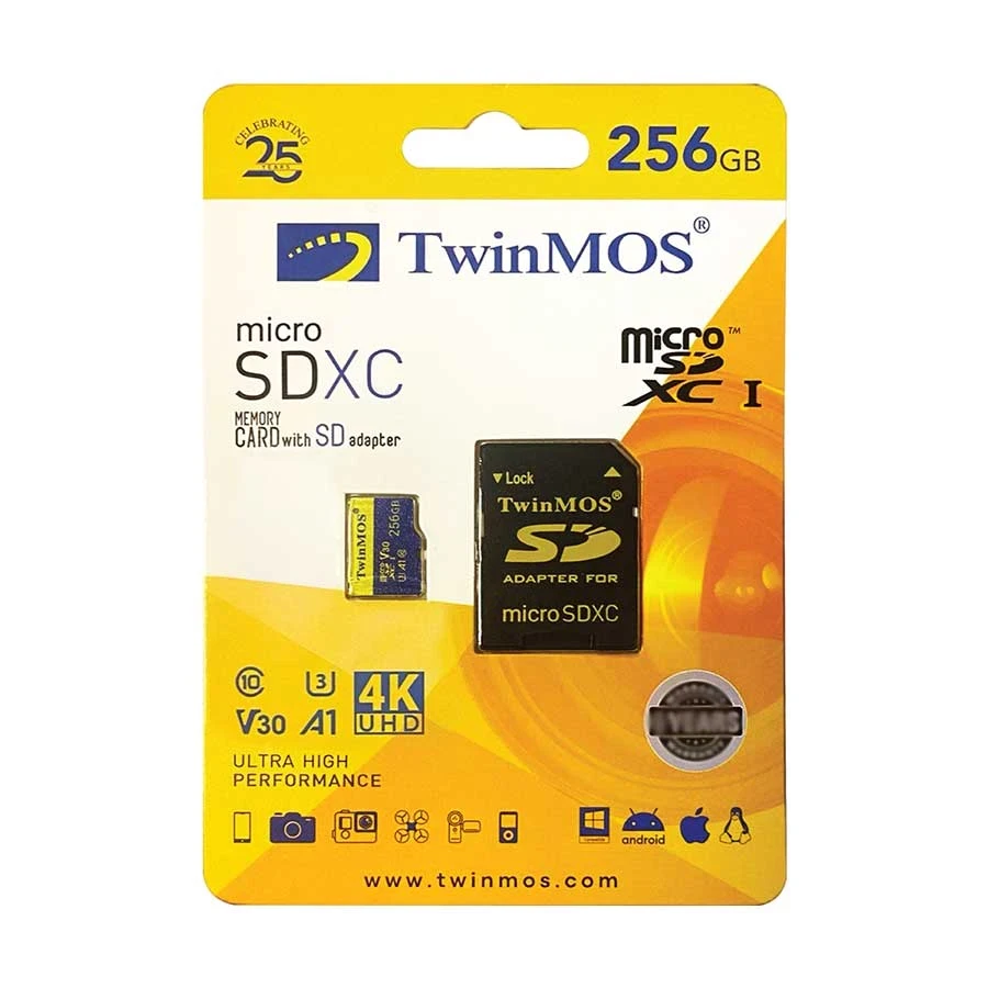 Twinmos 256GB MicroSDXC UHS-I U3 Class 10 V30 Memory Card with Adapter